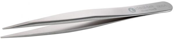 The image shows a straight stainless steel tweezer. It has narrow, pointed tips and a flat handle. The surface is shiny and reflective.