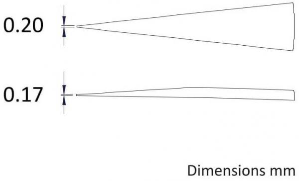 Das Bild zeigt zwei gemessene Linien. Die obere Linie hat eine Dicke von 0,20 mm und verjüngt sich, während die untere Linie 0,17 mm dick ist und weniger konisch geformt.