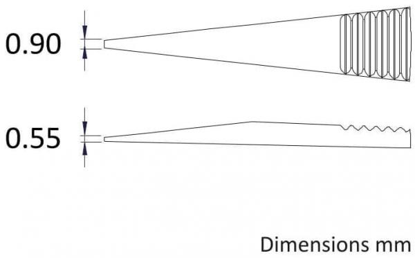 Das Bild zeigt zwei konische Objekte mit unterschiedlichen Durchmessern: oben 0,90 mm, unten 0,55 mm. Der obere hat gleichmäßige Rillen, der untere ist glatt mit einer gezackten Kante.