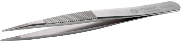 Es handelt sich um eine silberne, spitze Pinzette aus Metall. Sie hat eine glatte Oberfläche und an einem Ende Rillen für besseren Halt. Die Zangen sind schmal und lang, ideal zum Greifen.