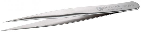 The image shows a silver tweezer with long, narrow tips. The surface is smooth and shiny. A brand name is embossed on the side. The tweezer lies flat on a white surface.
