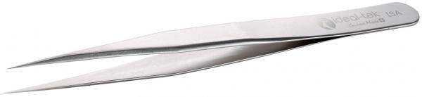 The image shows a sharp, silver metal tweezer. It has two thin, elongated arms that come together at one end and taper off at an angle.