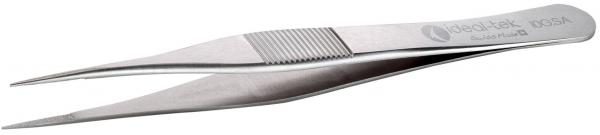 The image shows a simple, silver metal tweezer. It has two long, plain tips and a textured area for better grip at one end.