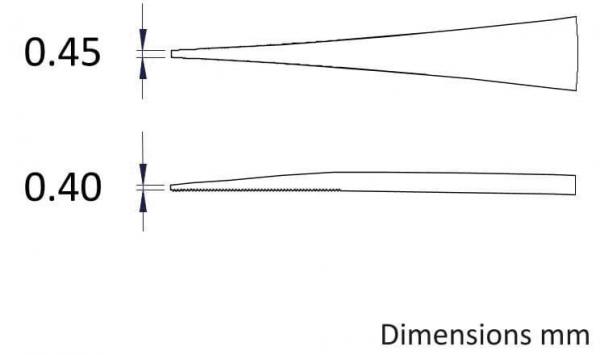 The image displays two thin, conical shapes each accompanied by a measurement in millimeters: 0.45 mm at the top and 0.40 mm at the bottom, with clear lines and no colors.