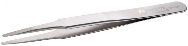 Das Bild zeigt eine schlichte, metallene Pinzette. Sie hat lange, spitze Enden und eine schmale Form. Die Oberfläche ist glatt und reflektiert leicht das Licht. Ideal zum Greifen kleiner Objekte.