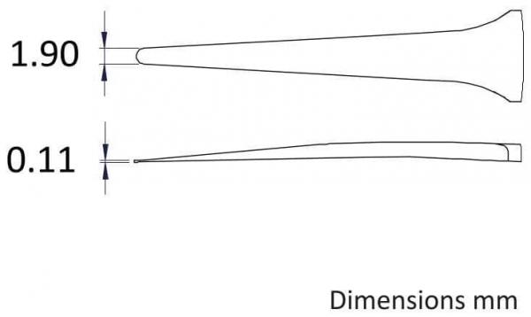 Das Bild zeigt eine technische Zeichnung mit zwei langen, spitzen Linien, die unterschiedliche Abmessungen in Millimetern angeben: eine Länge von 1,90 mm und eine Breite von 0,11 mm.