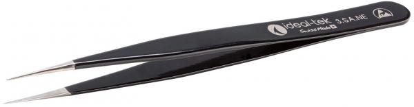 The image shows a narrow, black tweezer with pointed tips. It is slim and slightly curved, with a fine texture for better grip. Ideal for precise tasks.