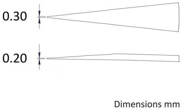 The image displays two geometric shapes: at the top, a conical shape with a width of 0.30 mm, and at the bottom, a narrower shape measuring 0.20 mm. Both include dimensions.