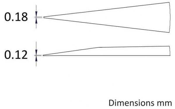 Das Bild zeigt zwei skizzierte Objekte, eines mit einer Breite von 0,18 mm und das andere mit 0,12 mm. Beide haben einen schmalen, konischen Verlauf und sind schematisch dargestellt.
