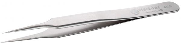 It is a silver tweezers with two pointed, narrow gripping surfaces. The surface is smooth and shiny, and it has a slight curve in the middle. Ideal for gripping small objects.