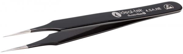 The image shows a black tweezer with fine, pointed tips. It is sleek and smooth, with an engraved brand on the side. Ideal for precise gripping.