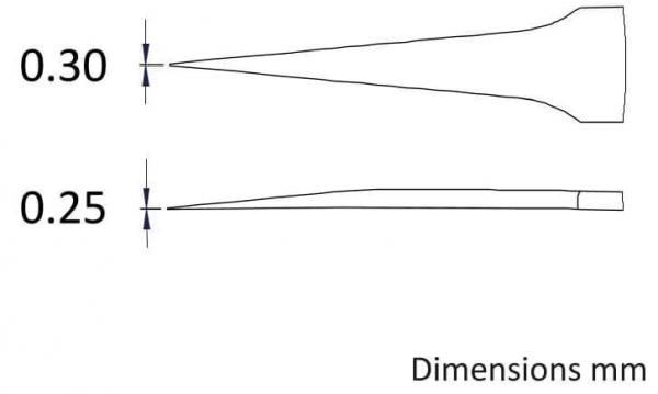 The image displays two technical drawings of pointed objects, dimensioned in millimeters. The top features a pointed object at 0.30 mm, and the bottom one at 0.25 mm.
