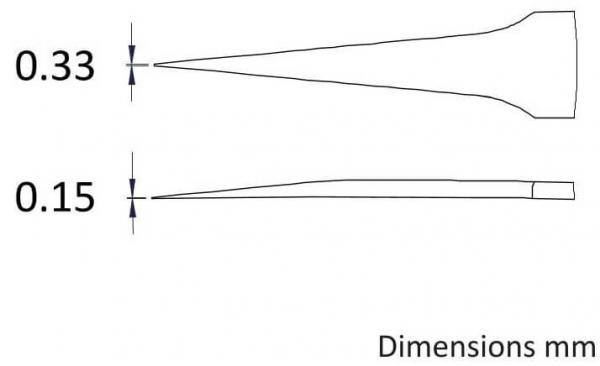 The image displays two example sketches: a sharp shape on top with the measurement of 0.33 mm and a narrower, longer shape below with 0.15 mm. Both are surrounded by lines.