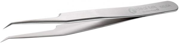 The image shows a silver metal tweezer with narrow, pointed tips. It is slightly curved and has a smooth surface. Ideal for gripping small objects.