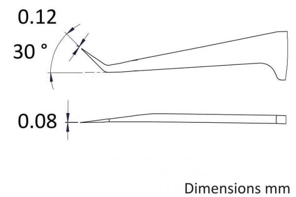 The image displays technical drawings with lines and dimensions. There is an angle of 30 degrees and two length measurements: 0.12 mm and 0.08 mm, marked.
