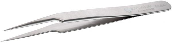 The image shows a classic stainless steel tweezer. It has two long, narrow pincers that converge at one end and are slightly curved. Surface shiny and smooth.