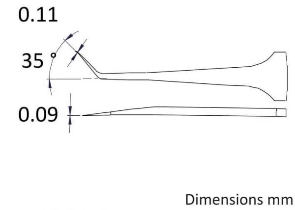 The image displays technical drawings of an object with precise measurements. Two views are shown: a side view and a top view. Dimensions are in millimeters.