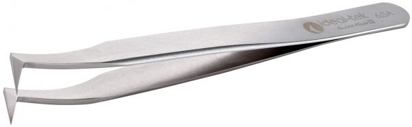 The image shows a pointed, curved tweezer made of stainless steel. It has a smooth, silver surface and a logo embossing. The handles are flat and ergonomic.