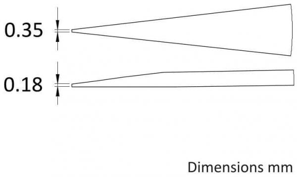 Das Bild zeigt zwei konische Formen mit unterschiedlichen Durchmessern. Die obere hat eine Breite von 0,35 mm, die untere von 0,18 mm. Unterhalb steht ?Dimensions mm?.