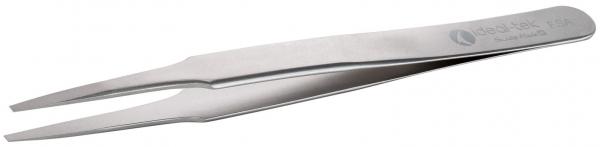 The image shows a straight, metallic tweezer. It has two pointed ends that come together, and a flat handle. The surface is shiny and smooth.