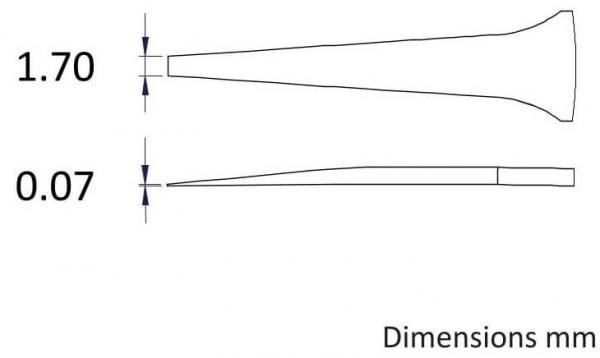 The image displays a technical drawing with two described objects. The upper one has a width of 1.70 mm and the lower one a width of 0.07 mm. Both are elongated and taper to a point.