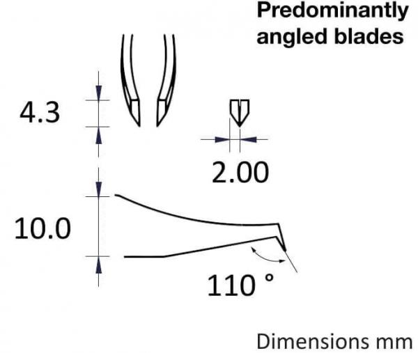 Das Bild zeigt eine technische Zeichnung von spitzen, überwiegend schrägen Klingen. Angaben zu den Abmessungen sind in Millimetern angegeben: 4,3, 2,0 und 10,0 mm sowie ein Winkel von 110°.