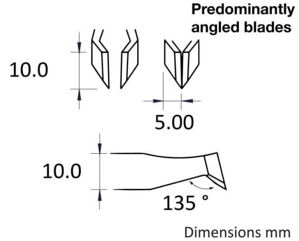 Das Bild zeigt technische Zeichnungen von Klingen mit unterschiedlichen Neigungen. Es sind Maße von 10 mm und 5 mm angegeben, sowie ein Winkel von 135 Grad.