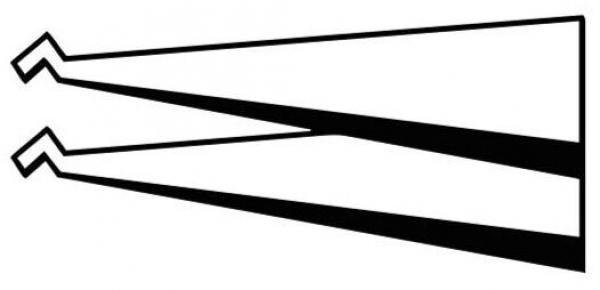 Das Bild zeigt zwei trapezförmige Formen, die sich an der breiten Seite gegenüberstehen. An jeder Spitze gibt es eine kleine, abgewinkelte Linie. Die Formen sind schwarz und stark konturiert.