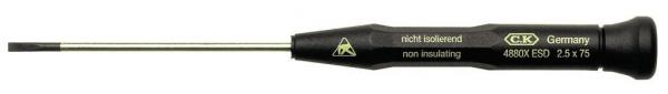 The image shows a slim, black screwdriver with a long, thin blade and a sturdy handle. The handle has a comfortable shape for better grip.