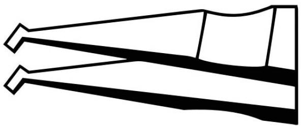 The image displays a graphic representation of two trapezoidal objects pointed towards each other, tapering off at the ends. This representation could symbolize some type of pliers or tool.