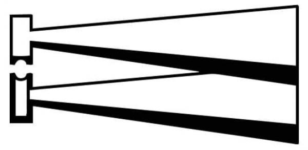 The image shows two slender, cone-shaped forms that widen at one end. In the middle, they connect with a narrow opening. It appears like a strong beam of light.