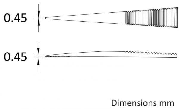 The image displays two combs, each in a side view. The top one features fine teeth, and the bottom one has a wavy edge. Both are scaled to a width of 0.45 mm.