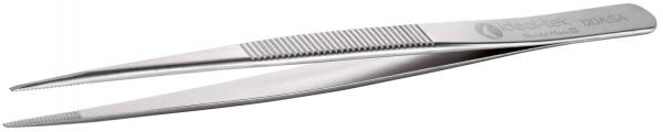 The image shows a narrow, silver tweezer with one pointed and one flat side. The grip areas are ridged to provide better hold.