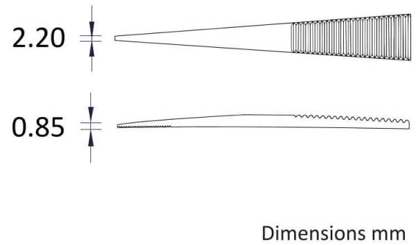 The image displays two comb profiles with different widths: Top 2.20 mm, bottom 0.85 mm. Both combs are narrow and feature serrated and smooth teeth.