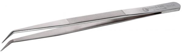 The image shows a narrow, silver metal tweezer. It has two pointed gripping surfaces at one end and a smooth surface on the other side. The tweezer has a simple design.