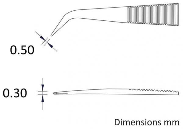The image shows two different tools or objects, schematically represented. Similar shapes, difference in width and texture. Dimensions in millimeters are provided.