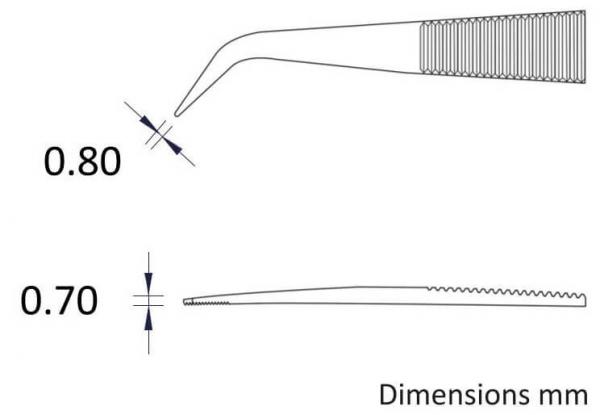 Das Bild zeigt zwei verschiedene Werkzeuge, wahrscheinlich Zangen oder Pinzetten. Sie haben jeweils unterschiedliche Maße: oben 0,80 mm, unten 0,70 mm. Die untere hat eine gezackte Kante.