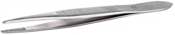 The image shows a narrow, silver metal tweezer. It has two long, pointed tips that meet at one end. The surface is smooth, with a ridged area for better grip.