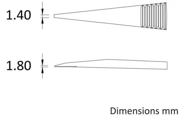 The image shows two drawn objects that represent tips. At the top is an elongated, conical shape with 1.40 mm. Below is a slim, slightly inclined shape with 1.80 mm.