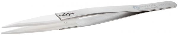 In the image, a silver tweezer is visible. It has a narrow, twisted shape with two long, pointed tips and a flat handle. The surface appears shiny and smooth.