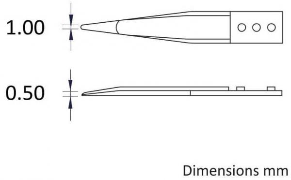 The image shows a technical drawing with two views. The top view shows a pointed shape with the dimension 1.00 mm, and the bottom view shows a flat shape with 0.50 mm. On the right it says "Dimensions mm".