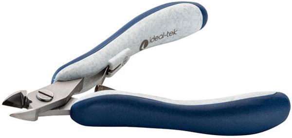The image shows a nail clipper with ergonomic, blue handles. The blades are sharp and metallic, and the cutting mechanism is slightly open. It appears handy and precise.