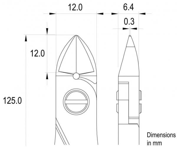 Das Bild zeigt technische Zeichnungen eines Objekts, mit Längen- und Breitenangaben in Millimetern. Es hat eine spitze obere Form und einen kreisförmigen Bereich in der Mitte.