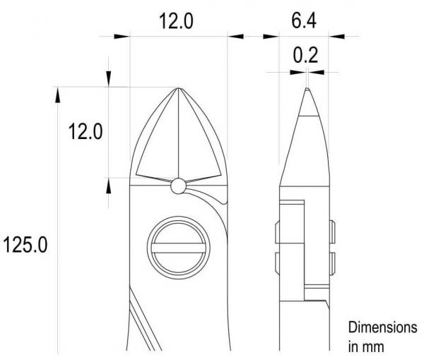 The image displays a technical drawing of an object viewed from the side and the top. Dimensions in millimeters for width and height are indicated.