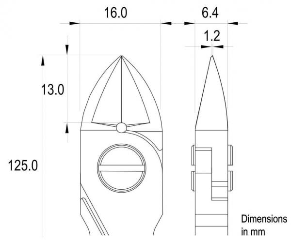 Das Bild zeigt eine technische Zeichnung eines Werkzeugs, vermutlich einer Zange. Es sind Maße in Millimeter angegeben, darunter die Längen und Durchmesser der verschiedenen Teile.