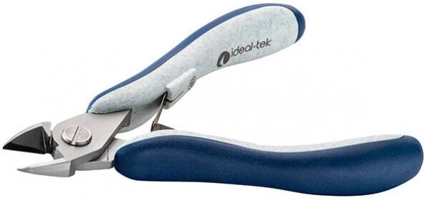 The picture shows a small, handy pair of pliers with gray and blue rubber grips. The cutting edge is sharp, and the pliers have a metal coating. Ideal for precise cutting.