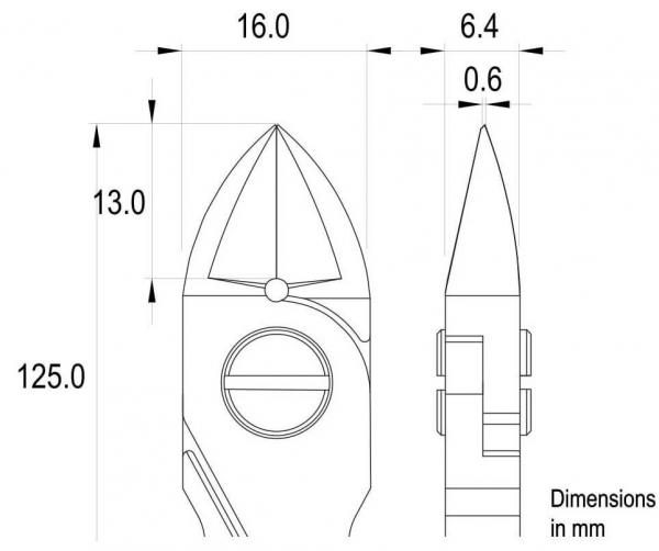 The image displays a technical drawing of an object with precise dimensions in millimeters. The object has a pointed shape, with a diameter of 16 mm at the top and 6.4 mm at the bottom, and measures a total of 125 mm in length.