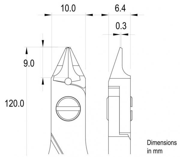 Das Bild zeigt technische Zeichnungen eines Werkzeugs, wahrscheinlich einer Zange, mit Maßangaben in Millimetern. Die Ansicht ist seitlich und von oben, mit klaren Linien und Dimensionen.