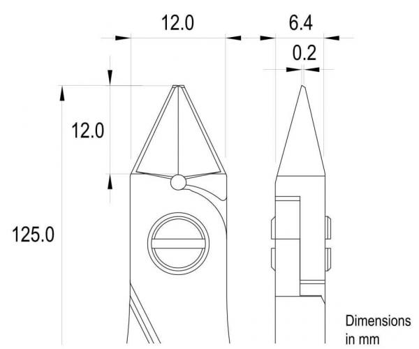 Das Bild zeigt eine technische Zeichnung eines Objekts, vermutlich eines Stifts. Es enthält Maßangaben in Millimetern und zwei Ansichten: eine seitliche und eine obere Ansicht.