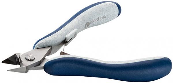 The image shows a nail and cuticle clipper with ergonomic, blue handles. The cutting edge is pointed and sharp, ideal for precise cutting.